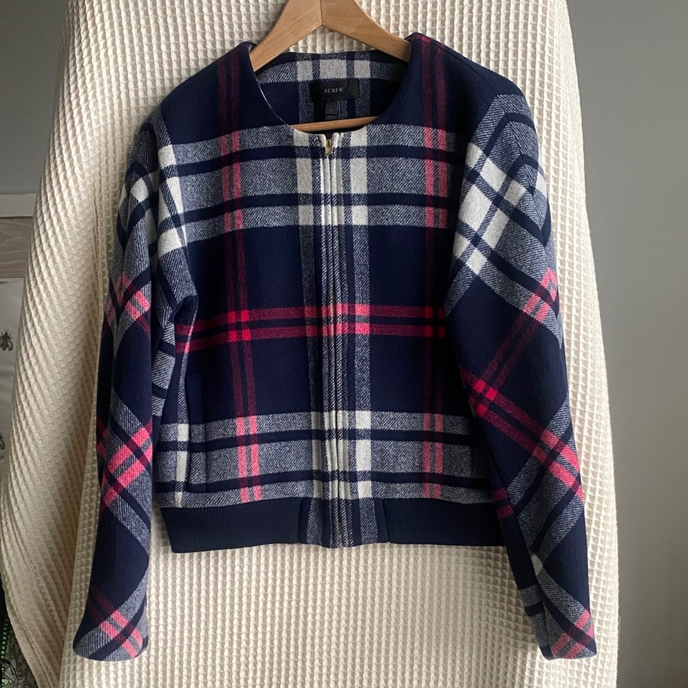 J. Crew Navy and Pink Plaid Bomber Jacket
